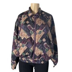 Vintage Bomber Jacket Bogari 100% Silk  Women’s L Patchwork Print  Y2K Retro